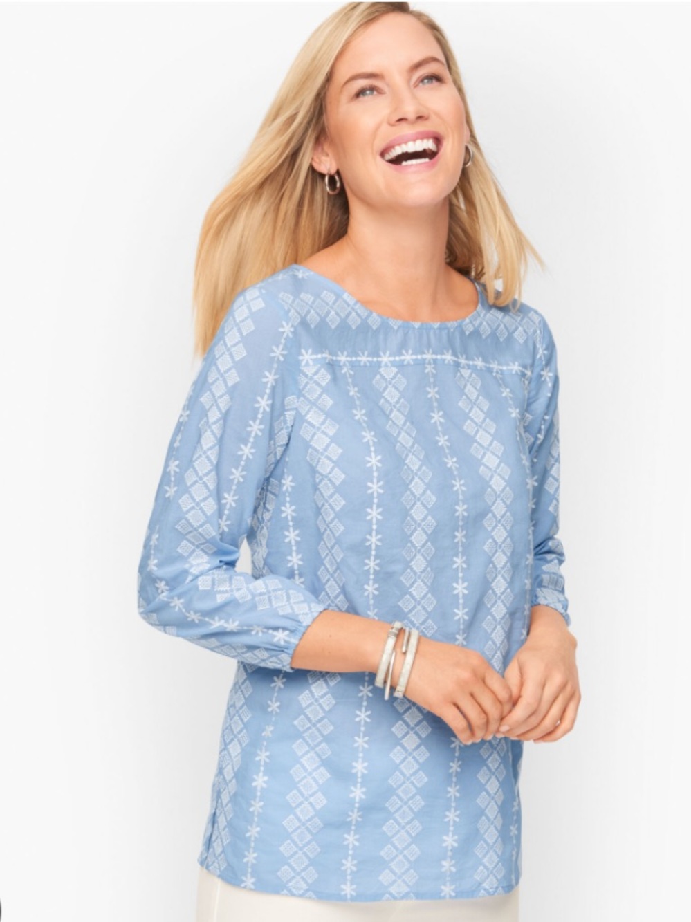 Talbots Sky Blue Diamond-Pattern Embroidered Blouse 2X as is hole near shoulder